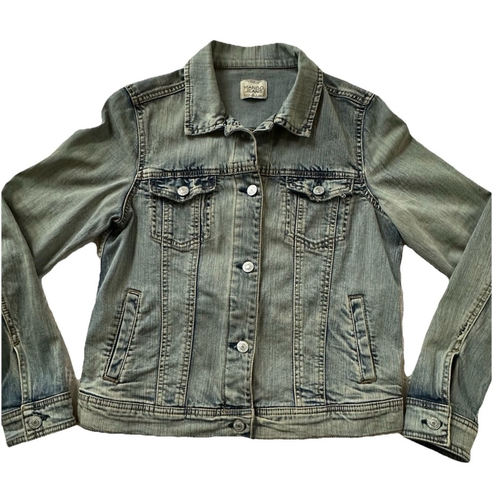 VTG Y2K Mango Jeans Distressed Denim Jacket-S-Trucker Boho Casual Light Wash